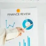 Close-up of hand pointing at finance report with charts and graphs on paper.